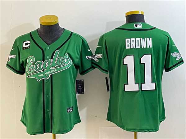 Womens Philadelphia Eagles #11 A. J. Brown Green With 3-Star C Patch Cool Base Stitched Baseball Jersey(Run Small)->women nfl jersey->Women Jersey